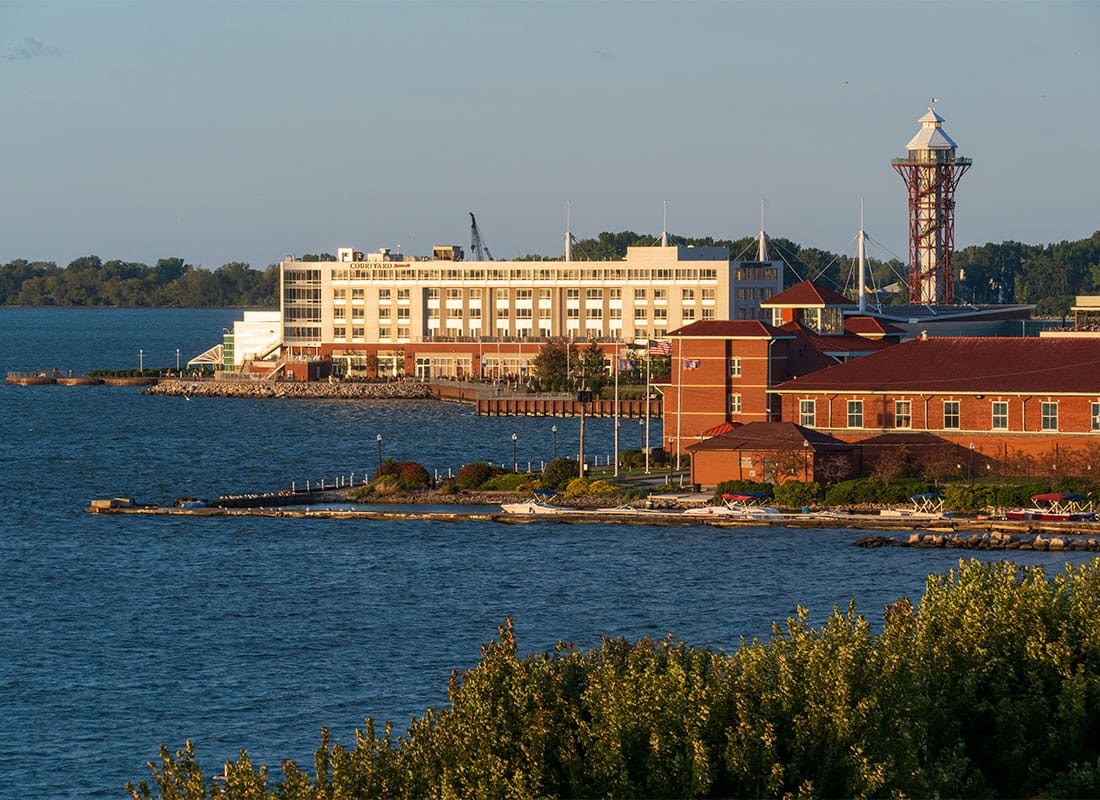 Erie, PA - View of Commercial Buildings in Downtown Erie Pennsylvania by the Water on a Sunny Day